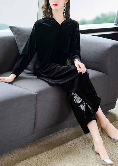 Black Embroideried Velour Top and Pants Two Pieces Set Fall