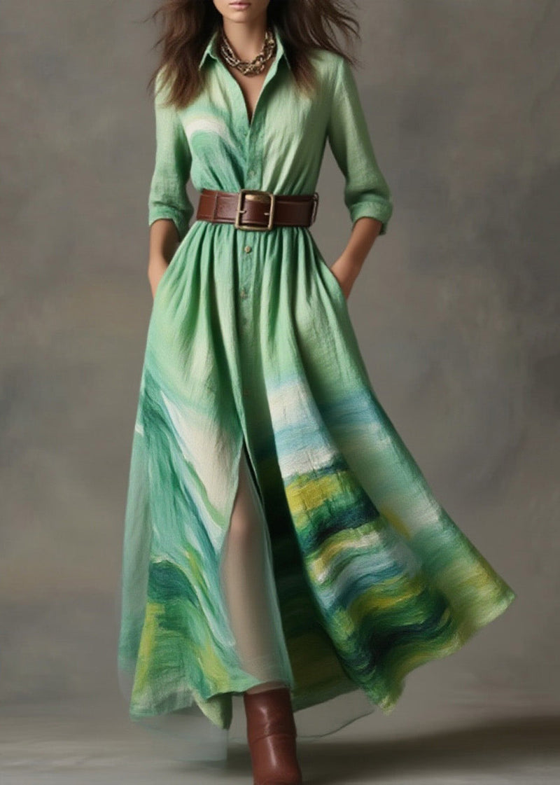 Loose Green Peter Pan Collar Print Cotton Long Dress Spring