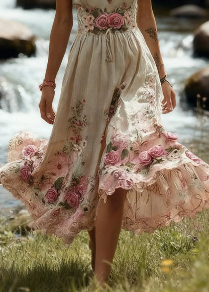 Beige High Waist Patchwork Cotton Long Dress V Neck Summer