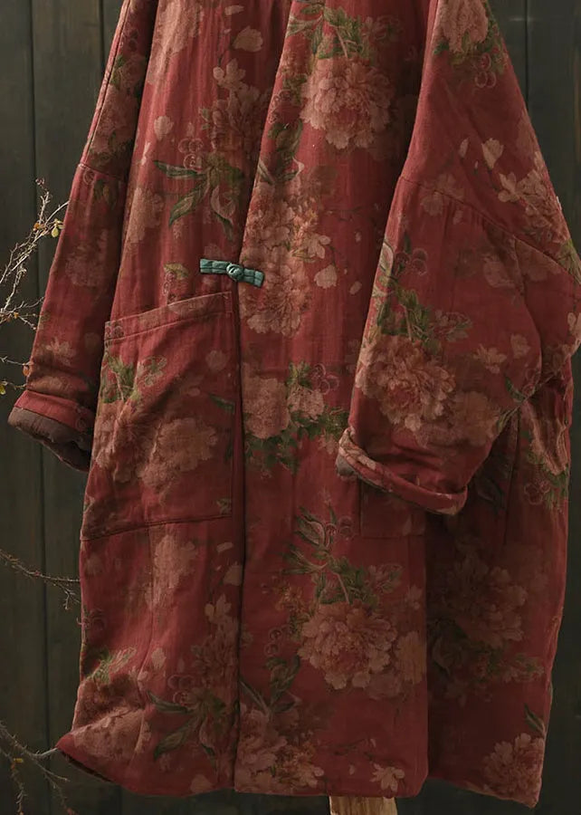 Red Pockets Print Oriental Button Fine Cotton Filled Coat Winter
