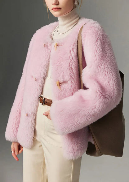 Pink O Neck Button Woolen Coats Winter