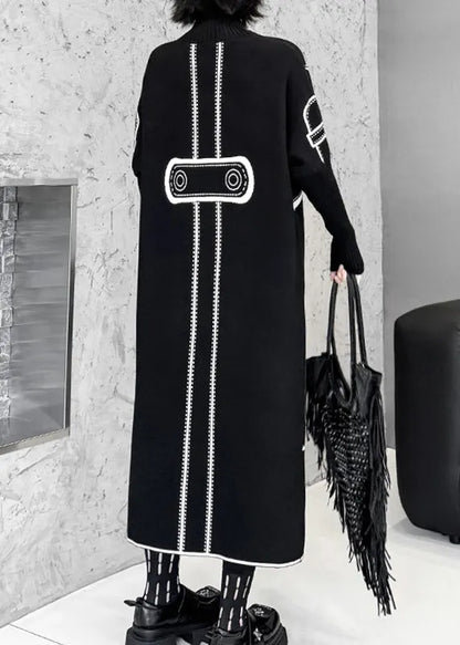 Classy Black Turtleneck Print Wear on Both Sides Cotton Knit Long Sweater Dress Fall