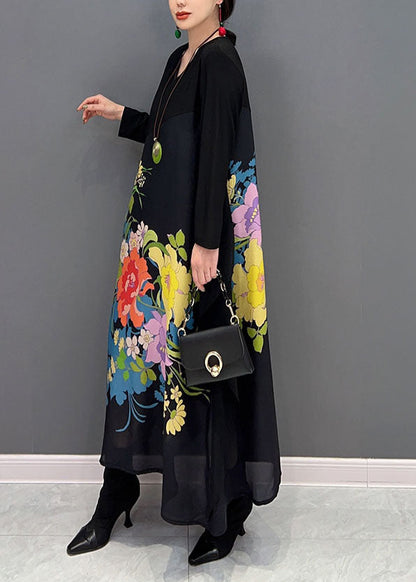 Black V Neck Patchwork Print a Line Dress Spring