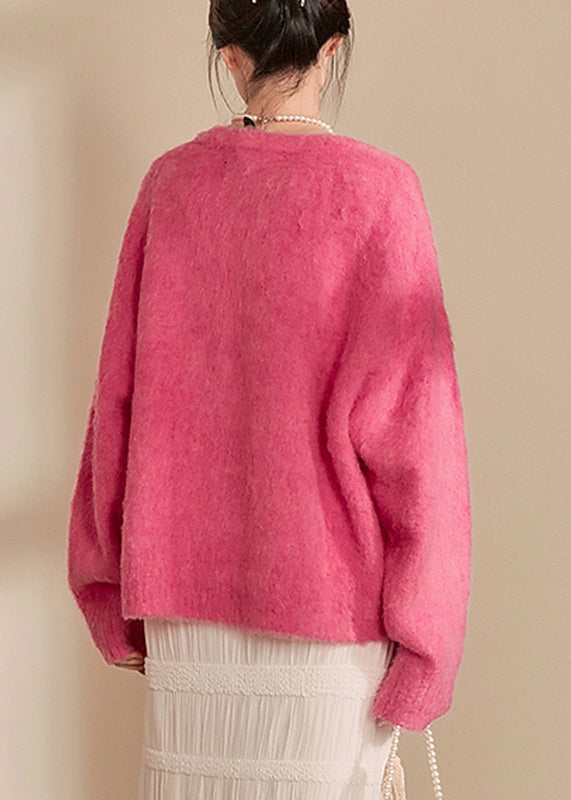 Pink O-neck Thick Cotton Knit Sweaters Winter