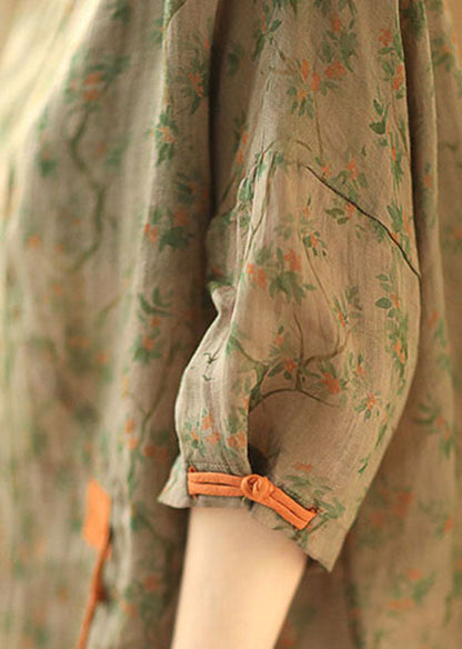 Grey Green O-neck Print Oriental Button Side Open Linen Shirt Top Short Sleeve
