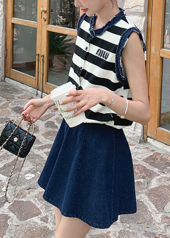 Stylish O-neck Striped Denim Patchwork Cotton Two Pieces Set Summer