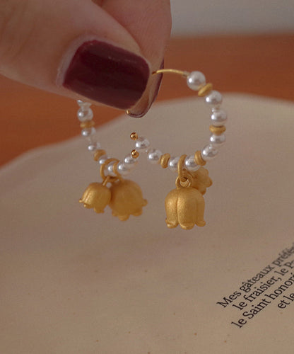 Pearl Patchwork Small Bell 14k Gold Hoop Earrings