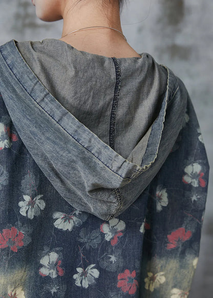 Stylish Blue Hooded Patchwork Print Denim Two Piece Set Summer