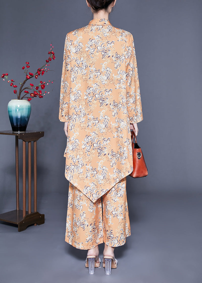 Modern Khaki Bow Asymmetrical Design Print Silk Two Piece Set Clothing Spring