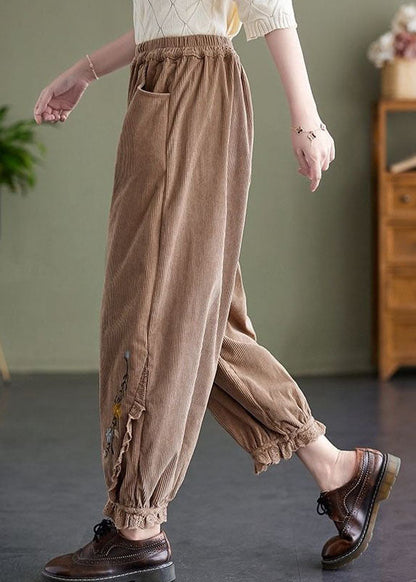 Khaki Embroideried Patchwork Lace Warm Fleece Corduroy Crop Pants Spring