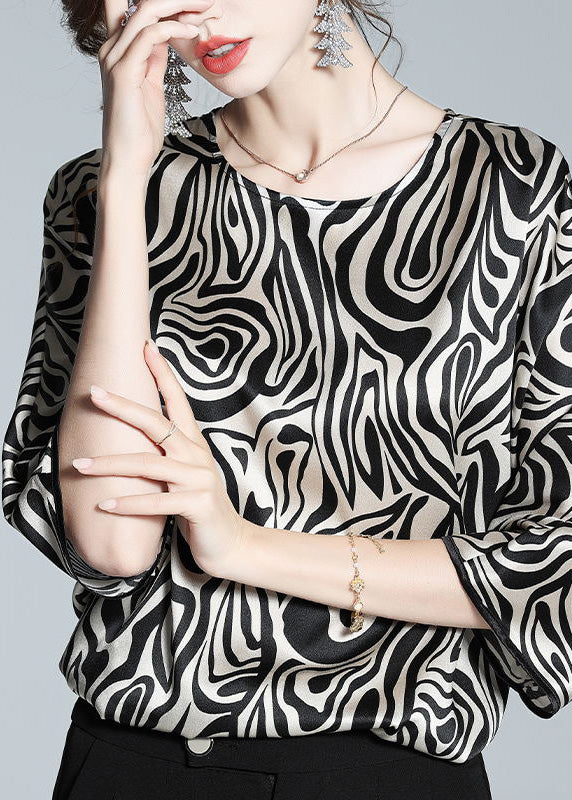 Loose Leopard O-neck Silk Tops Long Sleeve