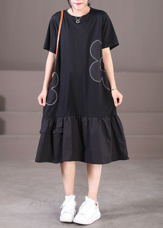 Black Patchwork Cotton Pleated Dress O-neck Color Short Sleeve