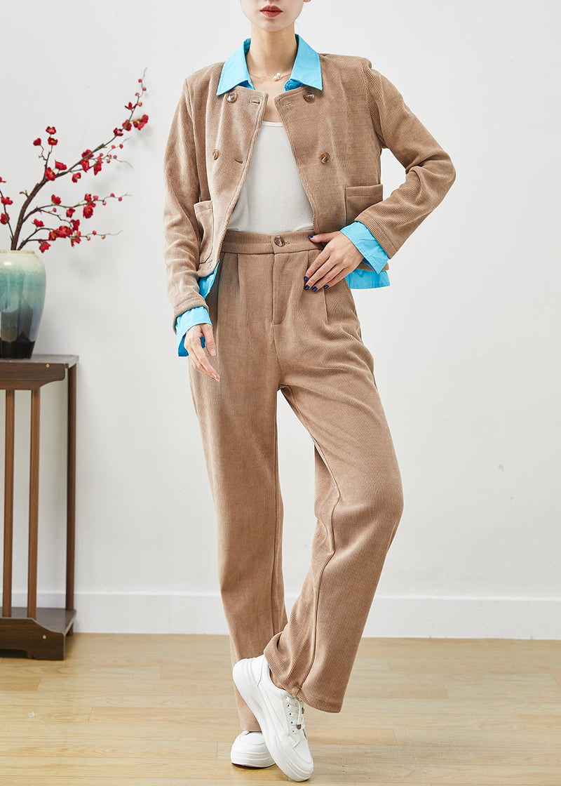 Khaki Double Breast Patchwork Corduroy Two Pieces Set Fall