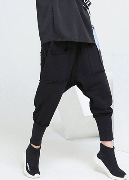 Stylish Black Pockets Cotton Harem Pants Spring