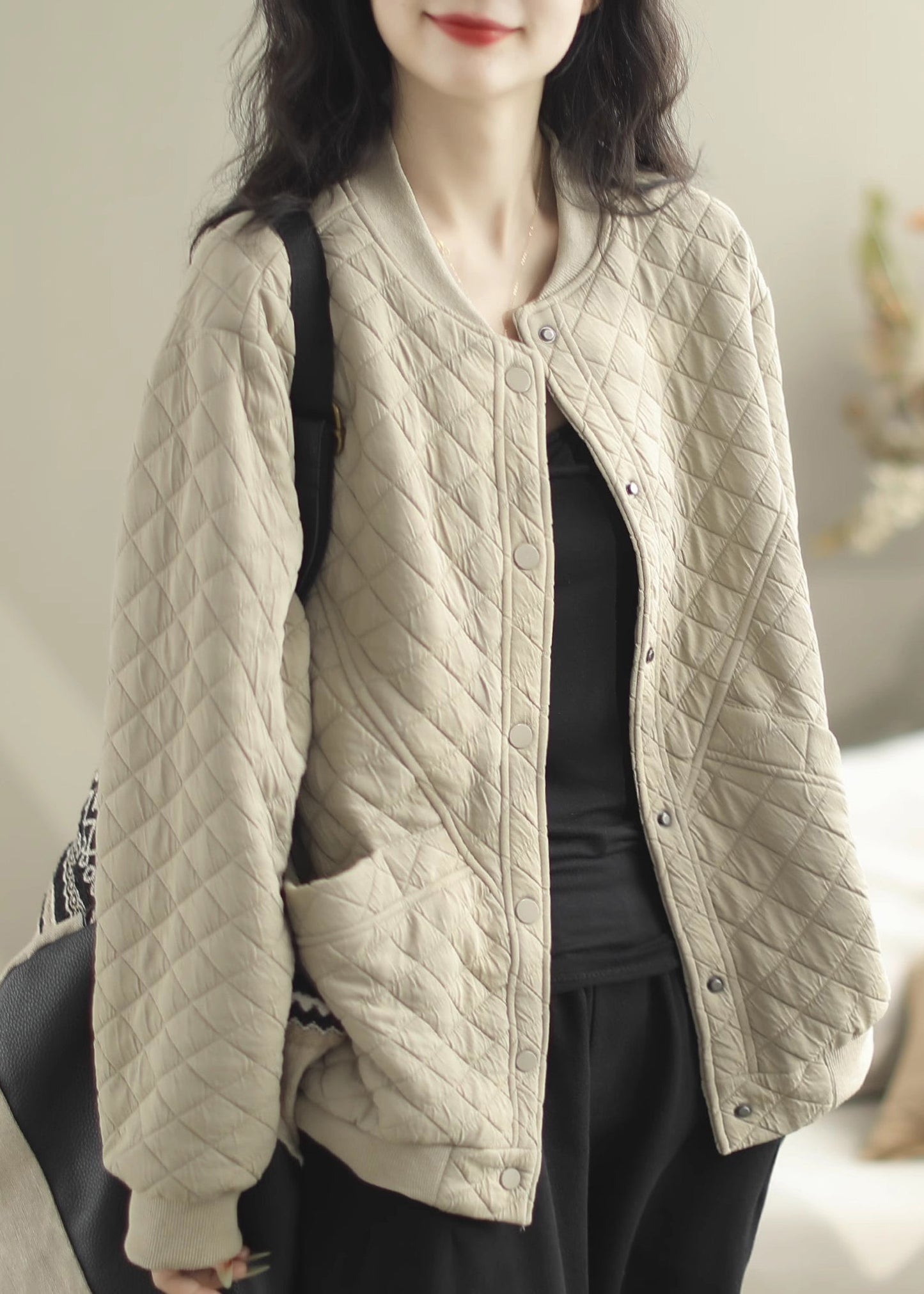 Beige Stand Collar Pockets Fine Cotton Filled Jacket Winter