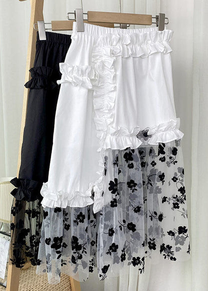 White Embroideried Elastic Waist Asymmetrical Patchwork Tulle a Line Skirt Summer