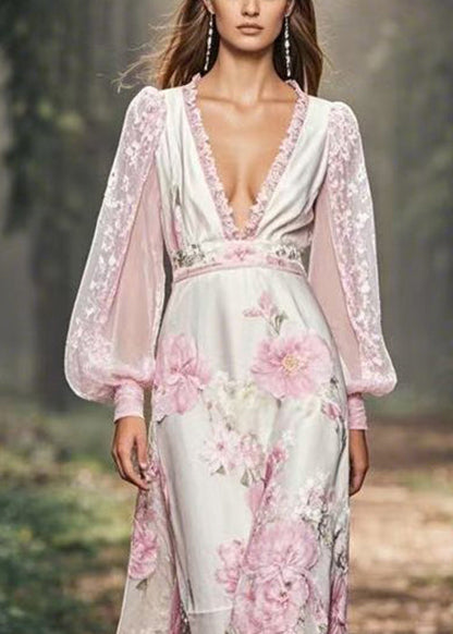 V Neck Print Patchwork Chiffon Maxi Dresses Fall