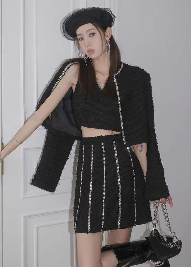 White Chain Linked Tasseled Zircon Cotton Three Pieces Set Fall