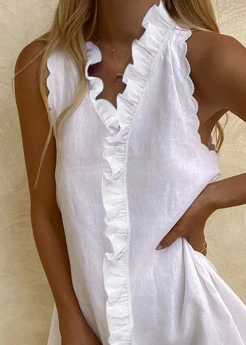 White Ruffled Cotton Mini Dresses Sleeveless