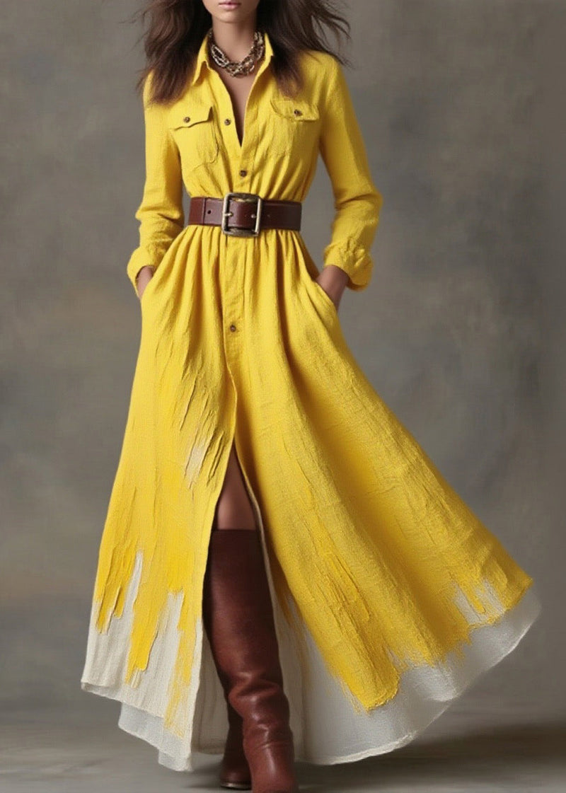 Yellow Peter Pan Collar Pockets Button Cotton Dress Spring