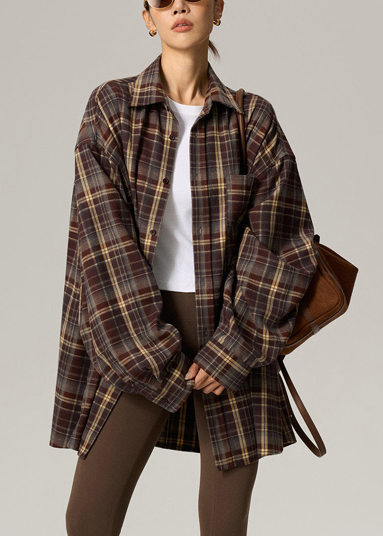 Coffee Plaid Peter Pan Collar Plaid Button Shirts Fall