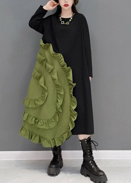 Green O-neck Ruffles Patchwork Long Dresses Long Sleeve