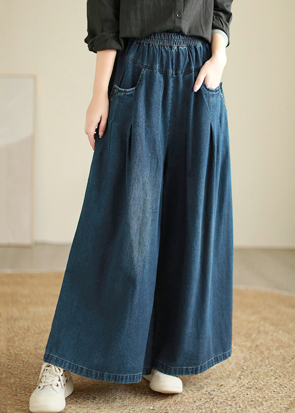 Blue Pockets Patchwork Wide Leg Jeans Spring