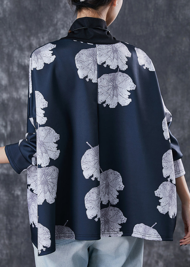 Black Turtle Neck Lotus Leaf Print Spandex Top Spring