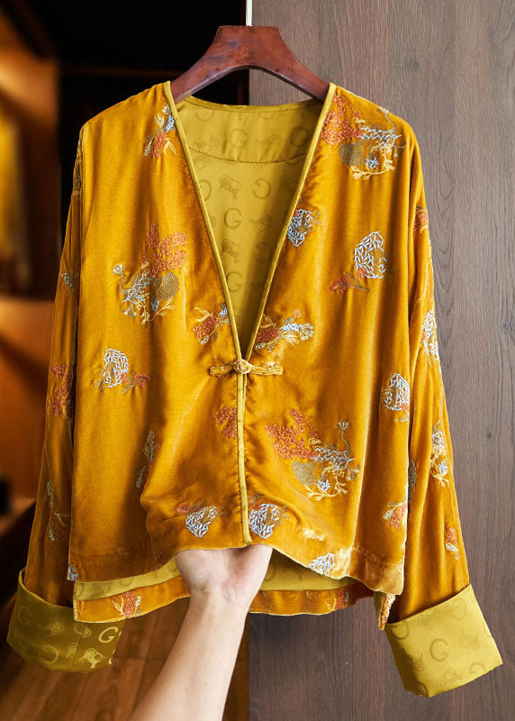 Green V Neck Embroideried Button Silk Velour Coats Fall