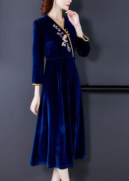 Dark Blue V Neck Embroideried Silk Velour Holiday Dress Long Sleeve