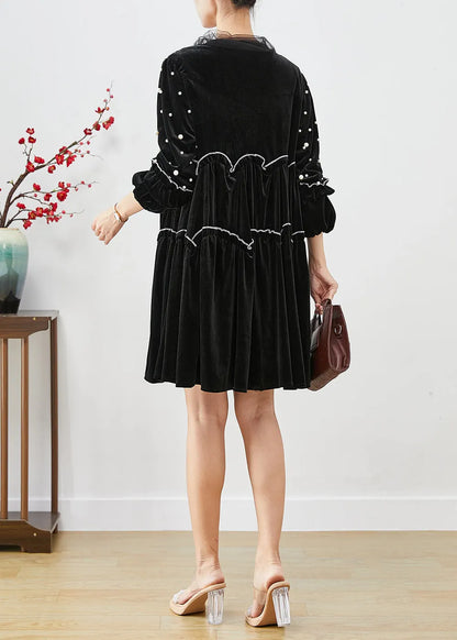 Black Ruffled Patchwork Nail Bead Silk Velour Maxi Dresses Fall