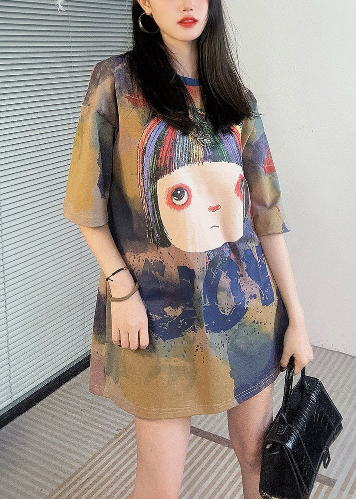 Khaki O Neck Print Cotton T Shirt Half Sleeve