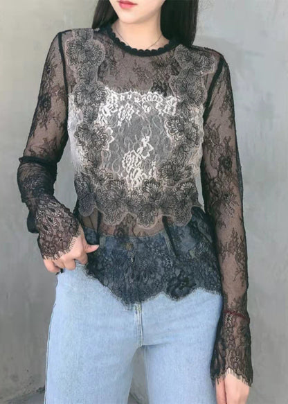 Black Hollow Out O-neck Embroideried Lace Top Long Sleeve