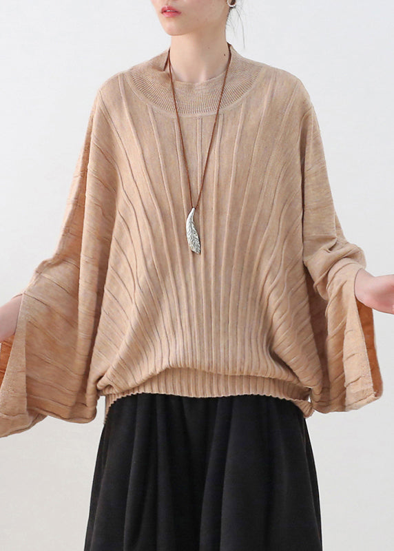 Loose Apricot O-neck Woolen Knit Sweater Batwing Sleeve