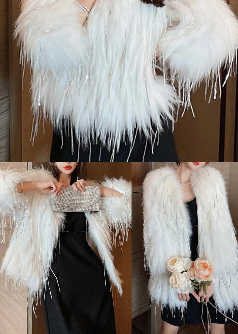 White Tasseled Faux Fur Coats Winter