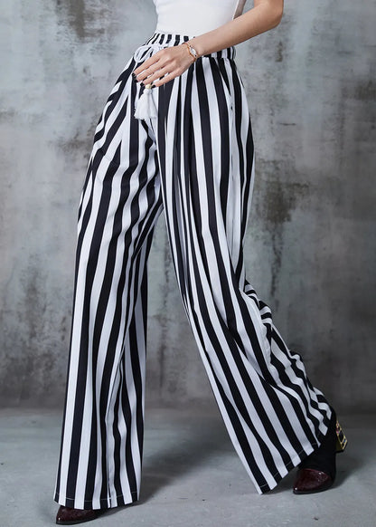 Black Tasseled Striped Cotton Straight Pants Summer