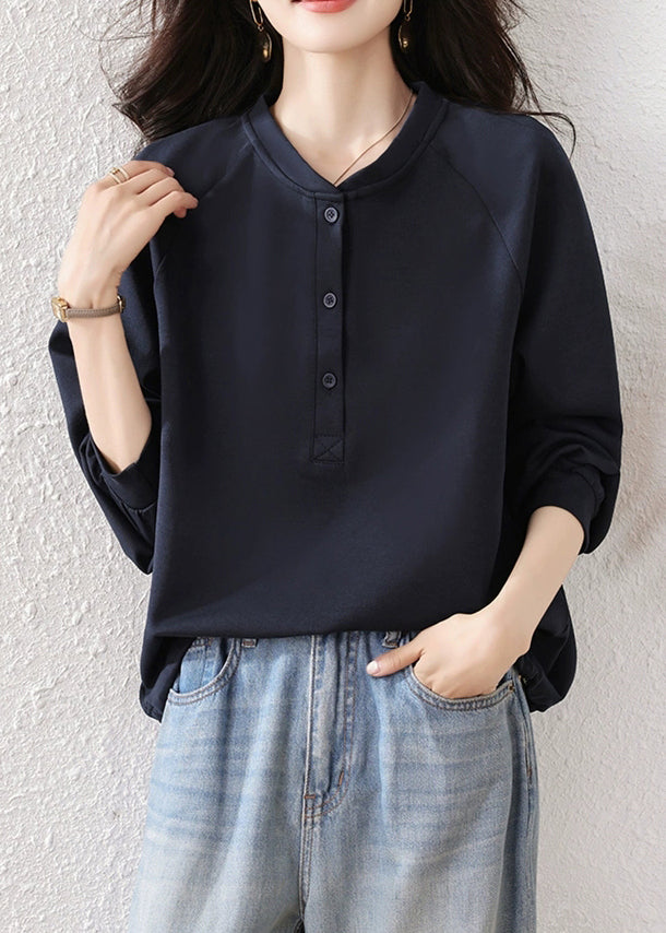 Simple Navy Button Cotton Sweatshirts Fall