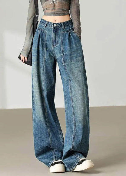Blue Pockets Patchwork Wide Leg Jeans Spring
