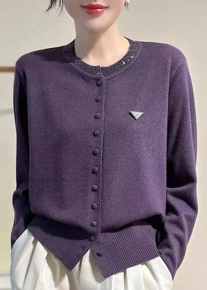 Slim Fit Purple O Neck Button Knit Coats Winter