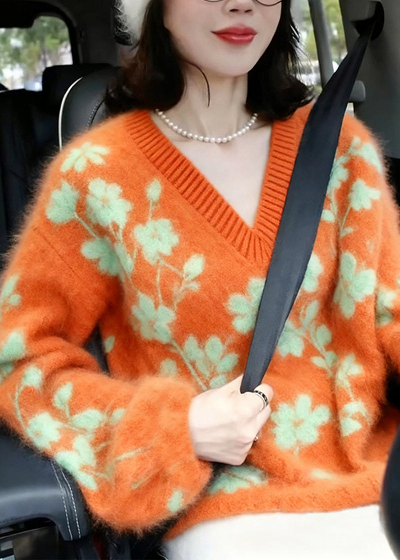 Orange V Neck Jacquard Knitted Short Sweater Winter