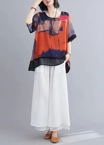 Orange Print Chiffon Half Sleeve Summer Two Piece Outfit