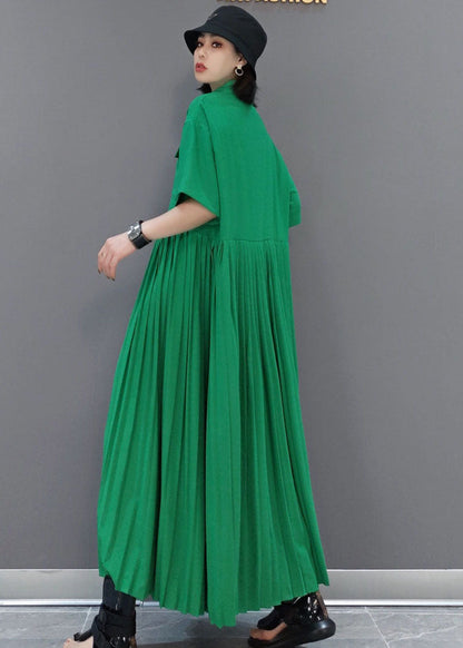 Italian Green Peter Pan Collar Patchwork Wrinkled Color Cotton Shirt Dress Short Sleeve
