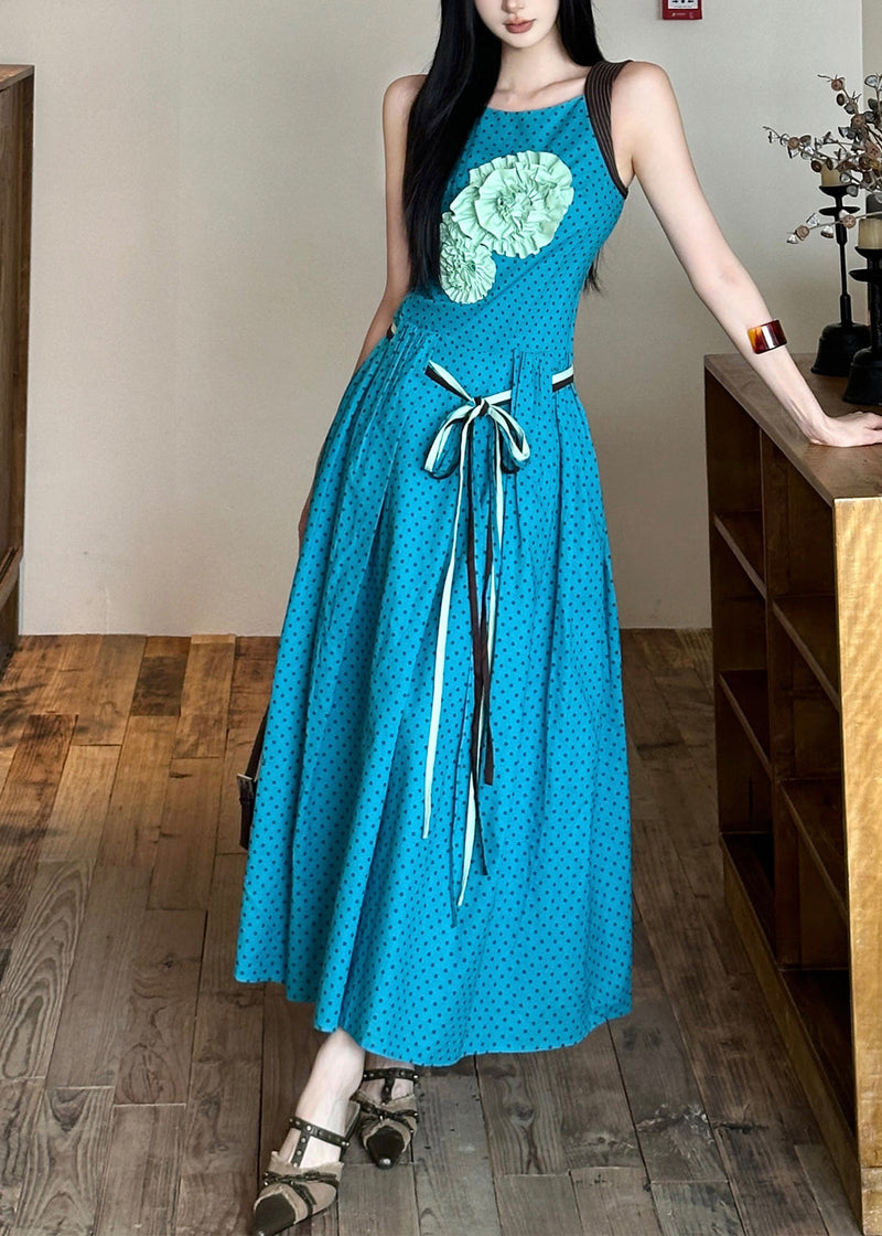 Blue Tie Waist Flower Decorated Cotton Dress Sleeveless