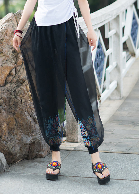 Black Embroideried Tulle Patchwork Lantern Pants Summer