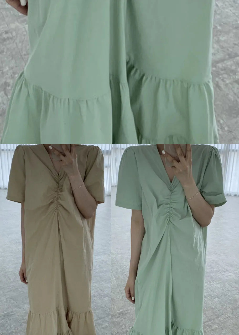 Khaki Wrinkled Cotton Vacation Dresses Puff Sleeve