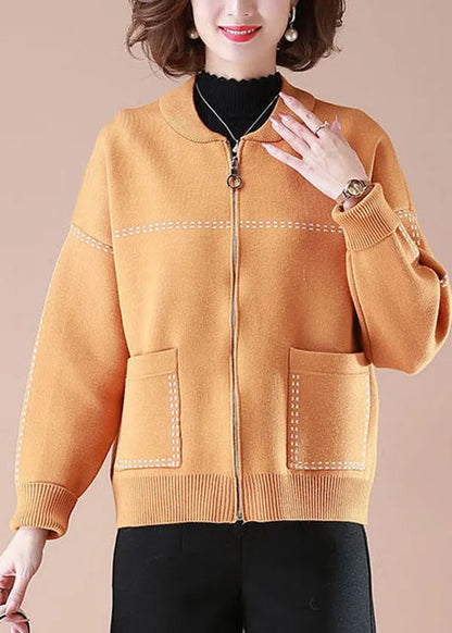 Stylish Orange O-neck Zip Up Pockets Print Knit Coats Long Sleeve