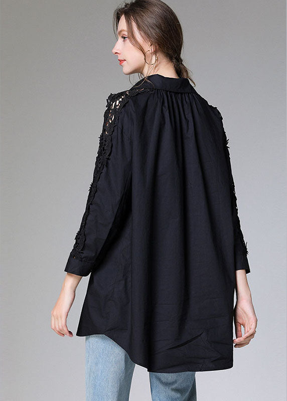 Black Embroideried Button Patchwork Top Fall