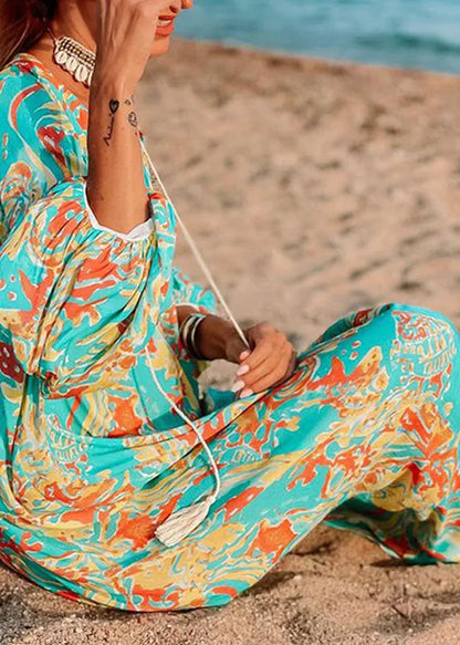 Green Oversized Print Cotton Loose Beach Dresses Long Sleeve