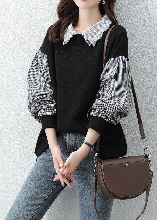 Black Peter Pan Collar Patchwork False Two Pieces Cotton Sweatshirt Fall
