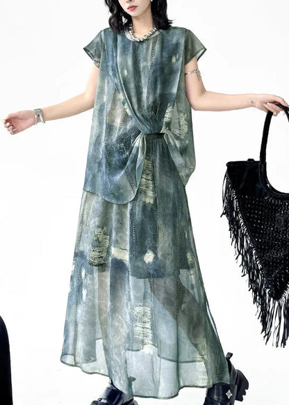 Blue O Neck Ripped Denim Print Two Pieces Set Summer